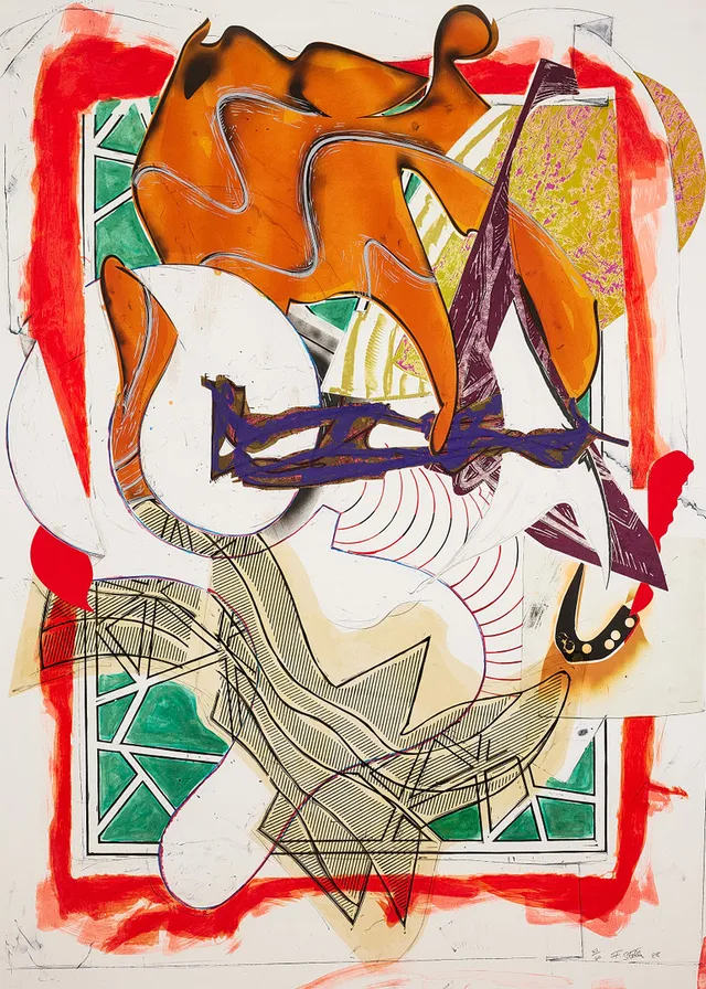 FRANK STELLA. "Hark!", ur: "The Waves II Series", serigrafi, litografi, linoleumsnitt samt med handkolorering, marmorering och kollage, 1989, 187 x 134,2 cm.