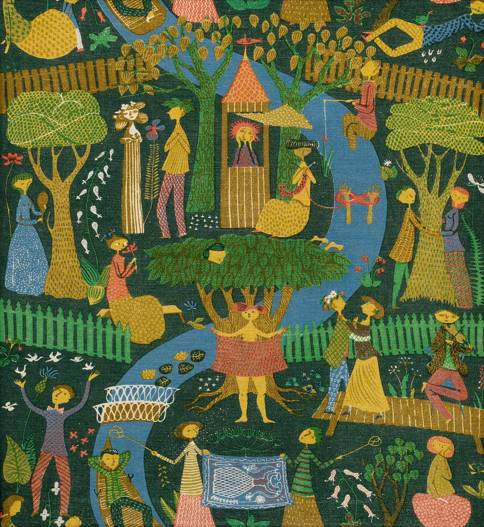 STIG LINDBERG. Textil, "Lustgården", NK textilkammare, uppspänd på ram. — European Carpets & Textiles — Auktionshuset Kolonn