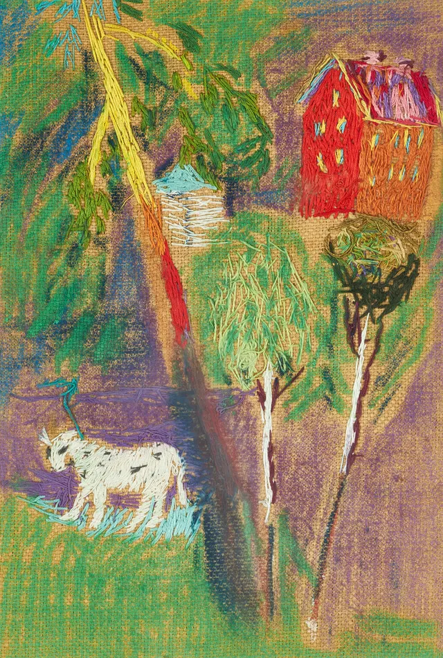 ESTER HENNING (Sverige, 1887-1985), Det röda huset på höjden, 1960-tal, broderi.