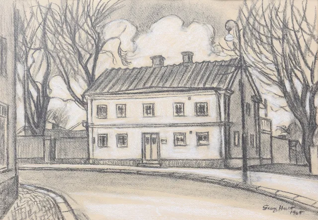 GEORG HULT. Krita/pastell, husfasad, signerad, daterad.
