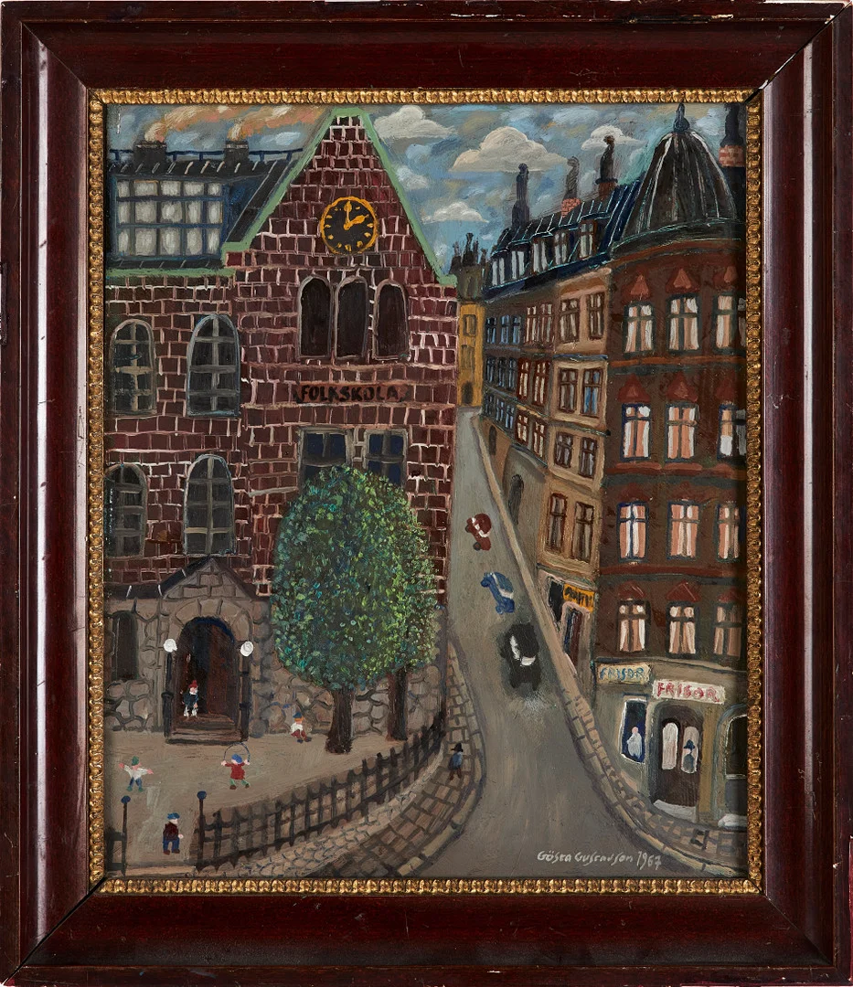 GÖSTA GUSTAVSON (1931-2008). Stockholmsmotiv, olja på pannå, signerad och daterad 1967. — Paintings — Stockholms Auktionsverk Sickla
