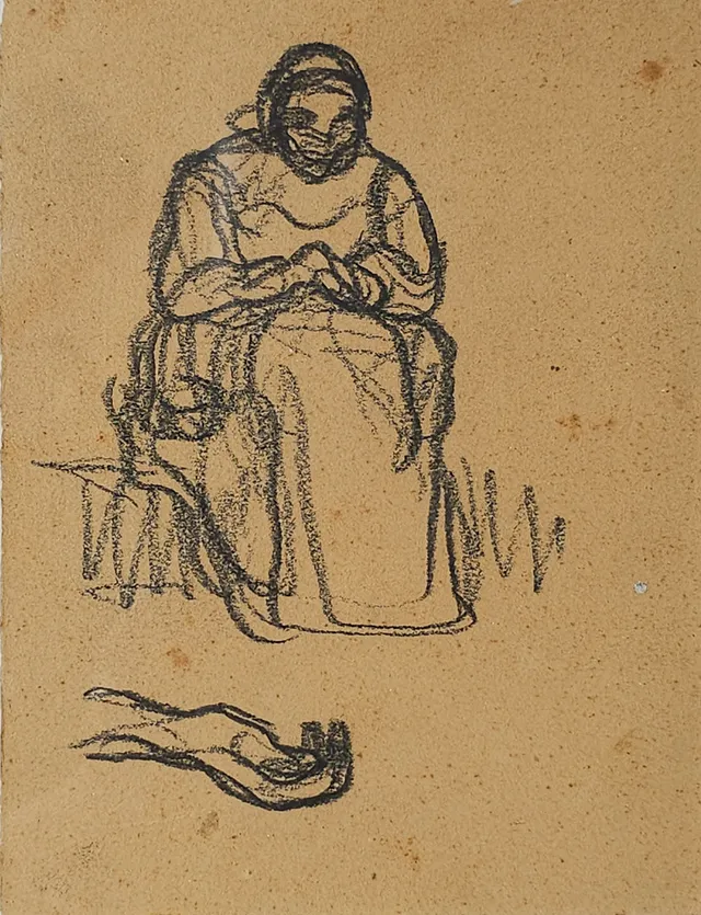 ISIDRE NONELL. Apunte de anciana y mano. Dibujo al carbón sobre papel.