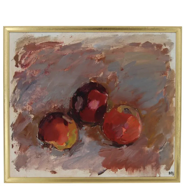 BENTE BJERREGAARD. Olja på duk, stilleben med frukter, monogramsignerad.