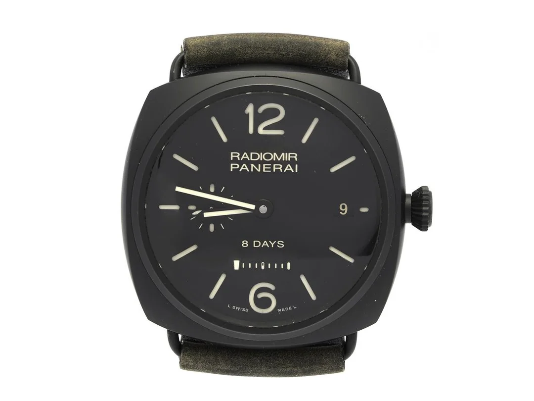 PANERAI, Radomir 8 Days, Ceramica, Cal P.2002/3, Verk nr. 050709, Serie nr. S0132/0300, Ref nr. PAM00384, Boett nr. OP7010BB / 1732254, herrur, 45 mm, svart keramik, manuell, safirglas, datum, glasbaksida, läderband, originalspänne (svart stål), cert, februari 2018, box, ytterkartong. — Klockor/Panerai — Kaplans