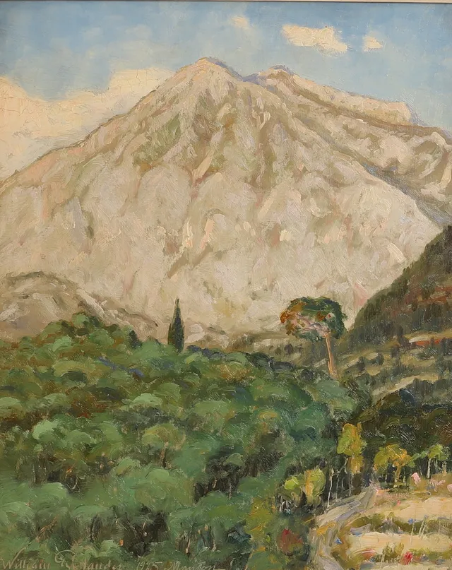 WILLIAM GISLANDER (1890-1937). Olja på pannå, Landskap Monton, signerad 1925.
