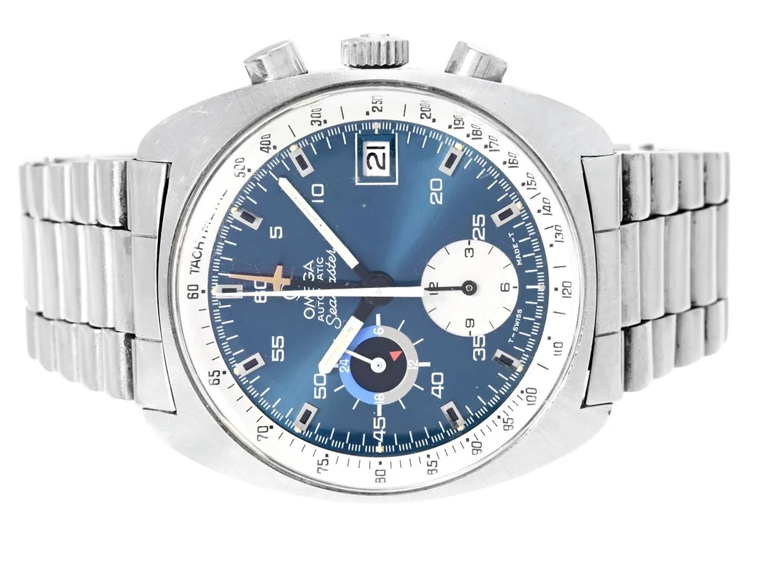 OMEGA, Seamaster (T- Swiss Made -T), "Tachymetre", Cal 1040, Serie nr. 34680894, Ref nr. ST 176.007, Boett nr. 176.007, kronograf, herrur, 38,5 mm, stål, automatisk, plexiglas, datum, 24-timmarsvisning, läderband, originallänk, viklås, Ref nr. 1170/653, ca 1972. — Klockor/Omega — Kaplans