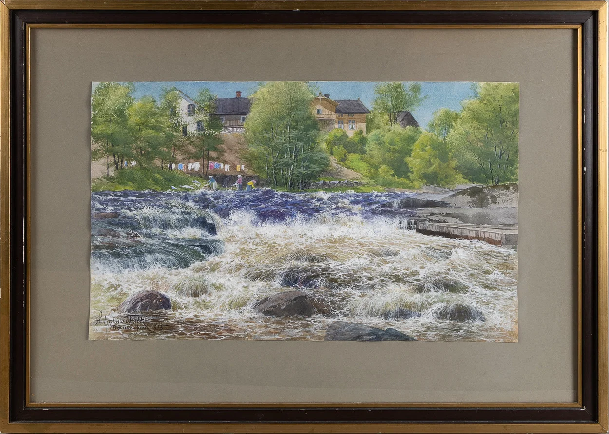 HJALMAR FALK. Akvarell, gouache och täckvitt på papper. Motiv med Mörrumsån, signerad och daterad Hjalmar Falk Mörrum Juni 1915. — Paintings — Stockholms Auktionsverk Helsingborg