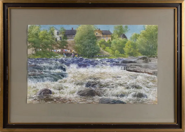 HJALMAR FALK. Akvarell, gouache och täckvitt på papper. Motiv med Mörrumsån, signerad och daterad Hjalmar Falk Mörrum Juni 1915.