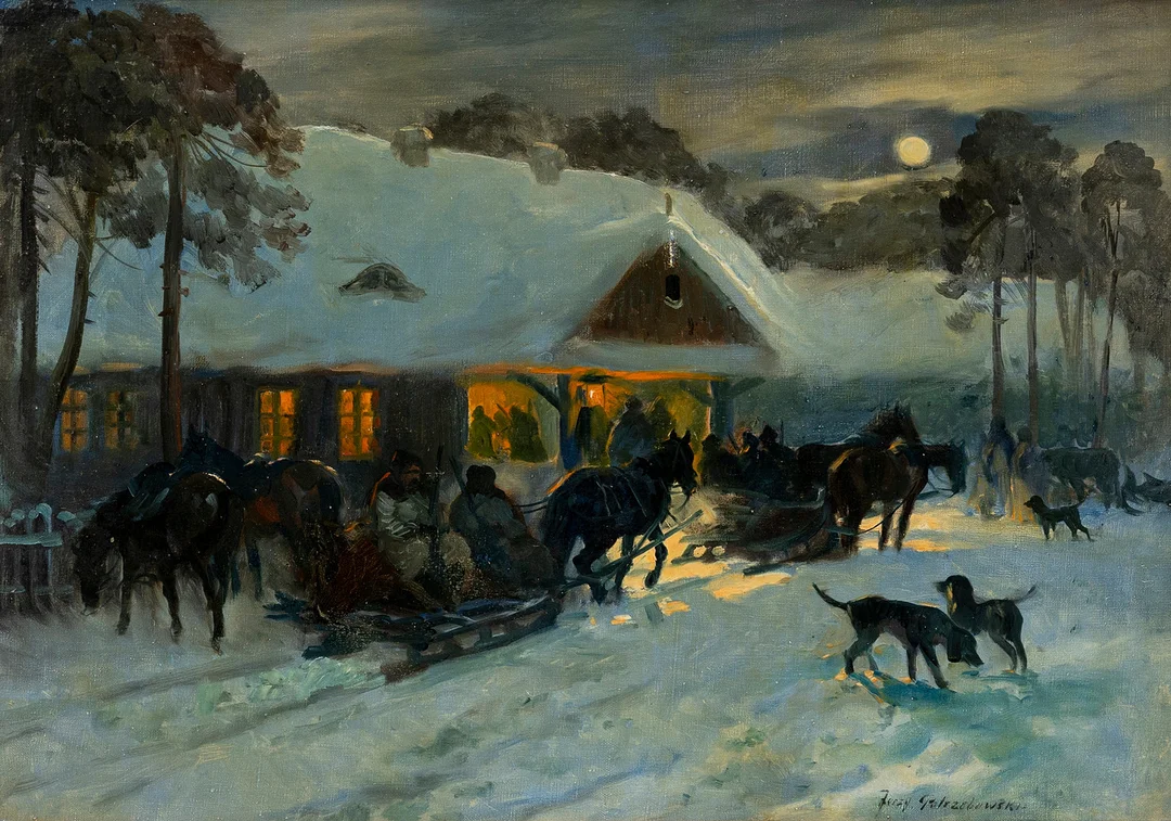 JERZY POTRZEBOWSKI. Vinterbild med slädekipage, olja på duk, signerad. — Paintings — Auktionshuset Kolonn
