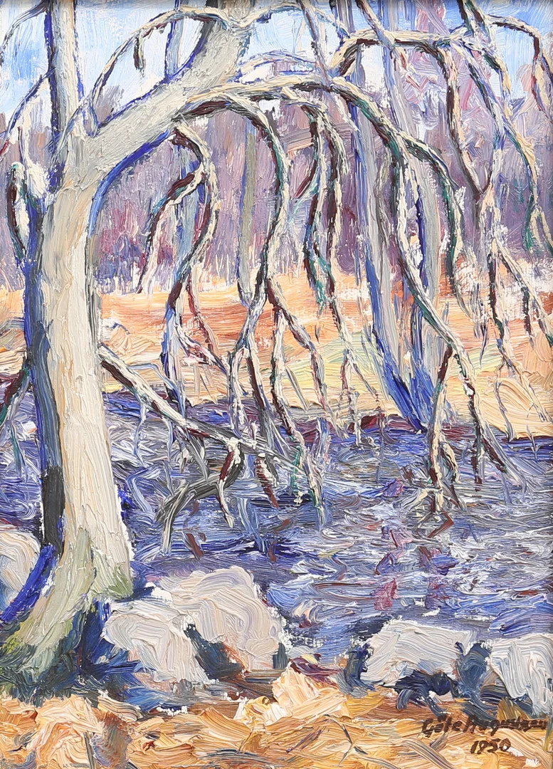 GÖTE AUGUSTSSON. Träd vid å. Olja på pannå, signerad och daterad 1950. — Paintings — Auktionshuset Thelin & Johansson