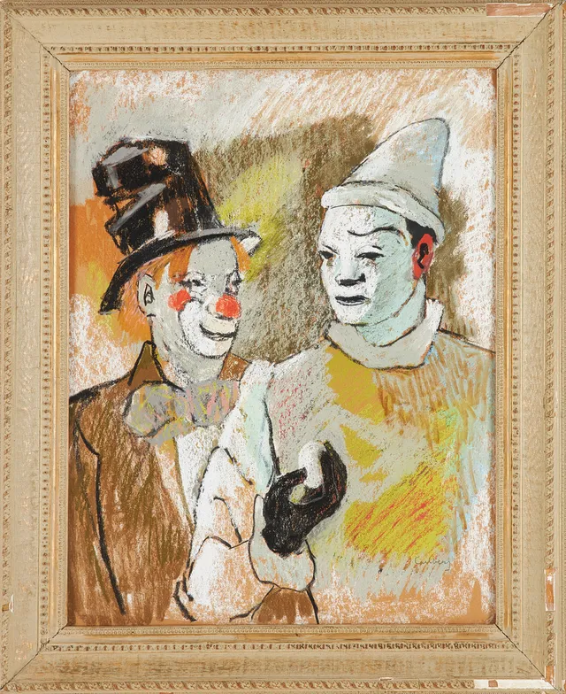 BENGT CARLBERG. Clowner, pastell på papper, signerad.