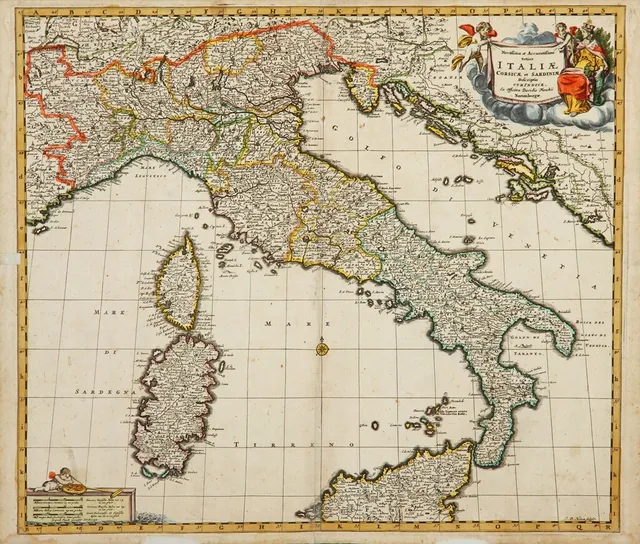 Johan Baptist Homann. Kort over Italien, 'Totius Italiæ Corsicæ et Sardiniæ', omkr. 1700