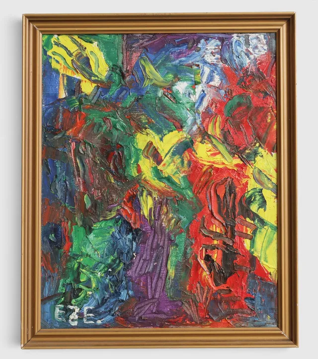 Uden titel. Abstrakt komposition, olie på lærred. Ubekendt dansk maler, sign. og dateret, "Eje, 1986". Danmark.