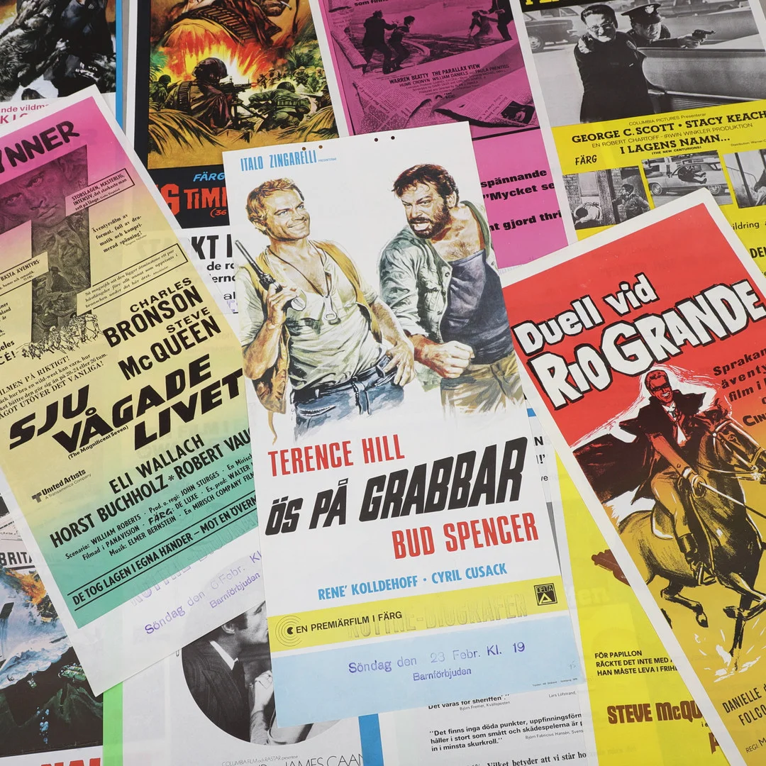 FILMAFFISCHER, 20 st stolpaffischer, 1970-talets mitt. — Movie memorabilia — Växjö Auktionskammare