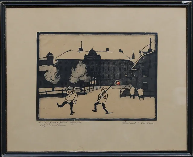 ERNST NILSSON. "Lucia". Gamla gillet, Upsala. Grafiskt blad, signerad.
