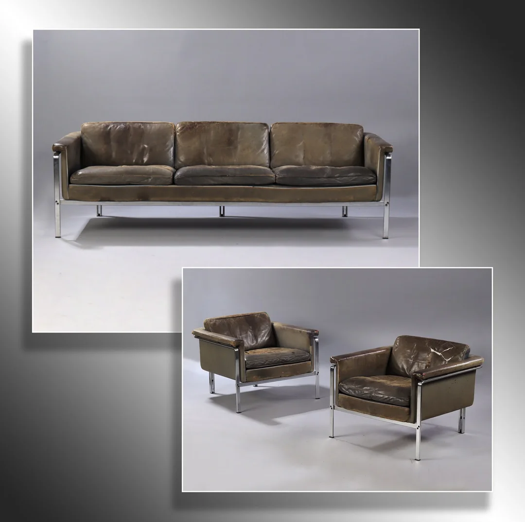 Horst Bruning. Two free-standing armchairs and sofa, model 6912 and 6913, patinated leather (3) — Furniture/Lounge suites, sofas — Lauritz