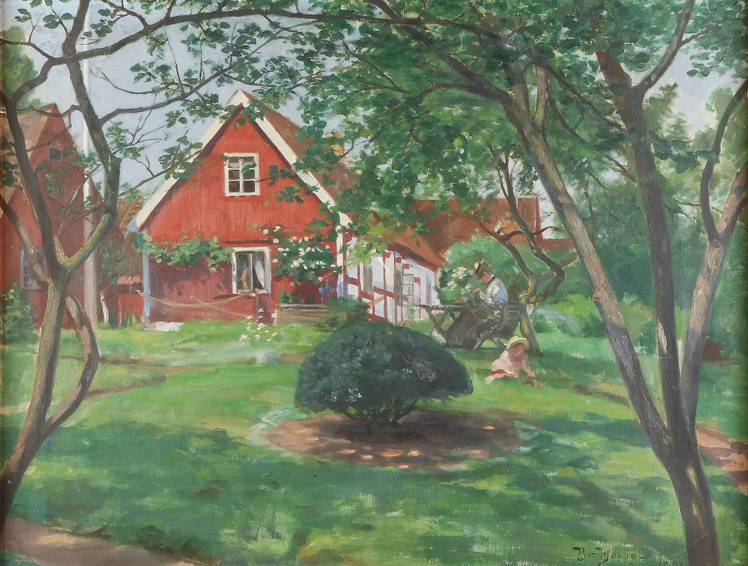 BRUNO HOPPE (1859-1937). Oljemålning på duk. Signerad och daterad 1903. A tergo betitlad "Arild, konstnärens hustru och dotter". — Paintings — Skånes Auktionsverk