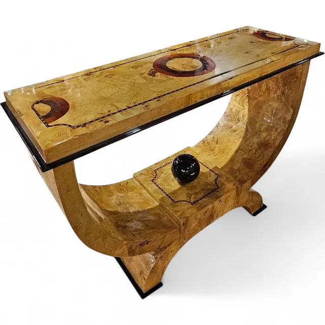 Mueble-consola Art Decó en madera de raíz contrastada en marquetería.