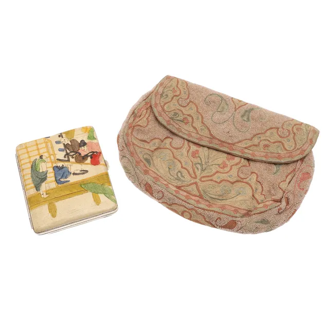 FRENCH BEADWORK EVENING BAG & CHINOISERIE CIGARETTE CASE.