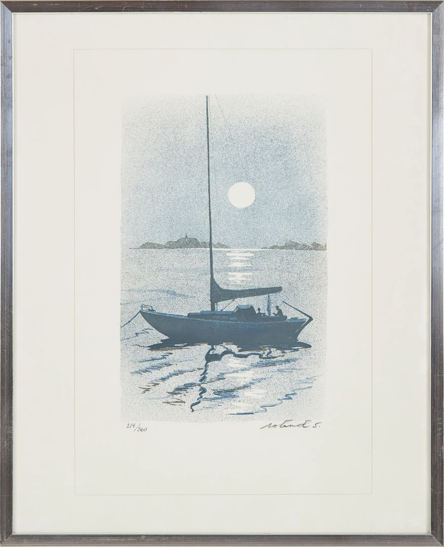 ROLAND SVENSSON (1910-2003). "Båtsnack", färglitografi. — Engravings & Prints — Stockholms Auktionsverk Magasin 5