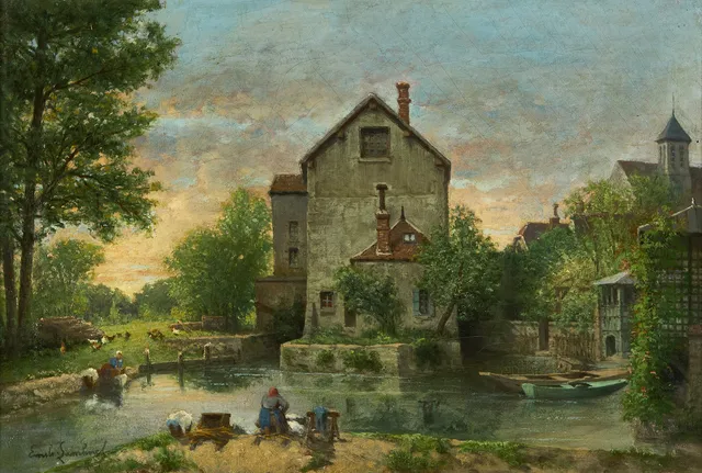 ÉMILE CHARLES LAMBINET (1815-1877): Fransk gårdsidyll, signerad Emile Charles Lambinet, olja på duk.