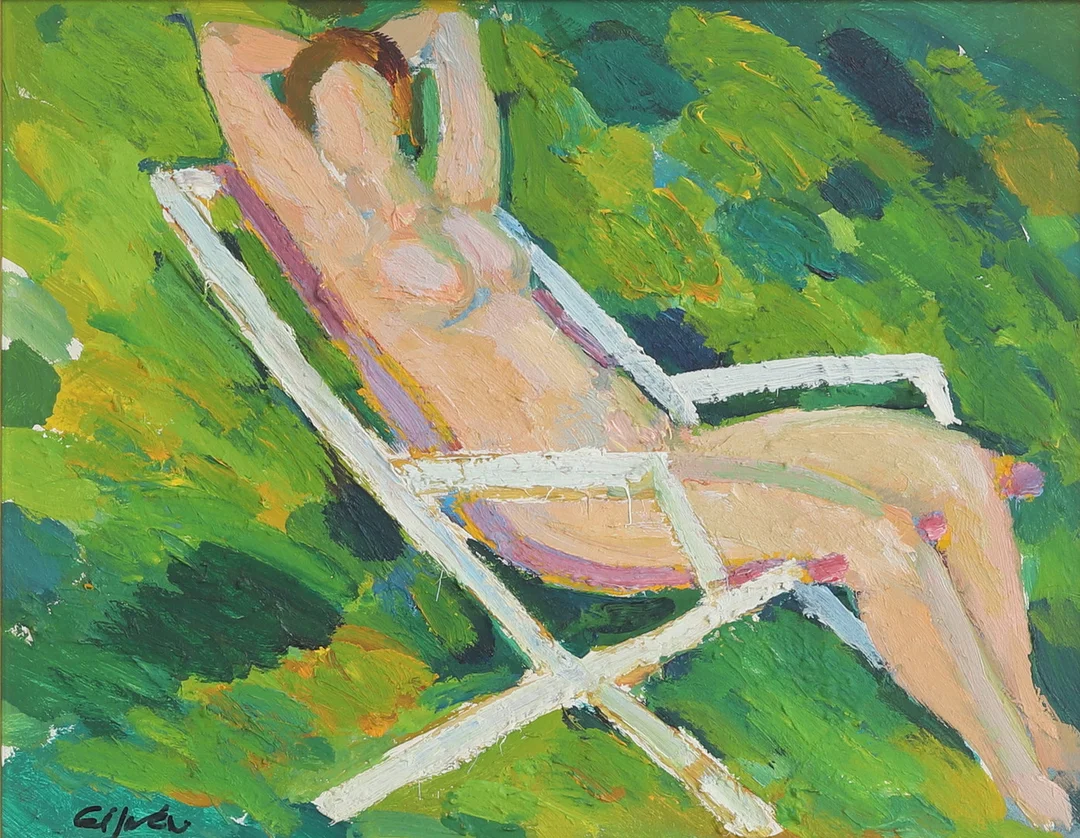 ERIC ELFVÉN. Olja på pannå, "Modell i trädgårdsstol", signerad. — Paintings — RA Auktionsverket Norrköping