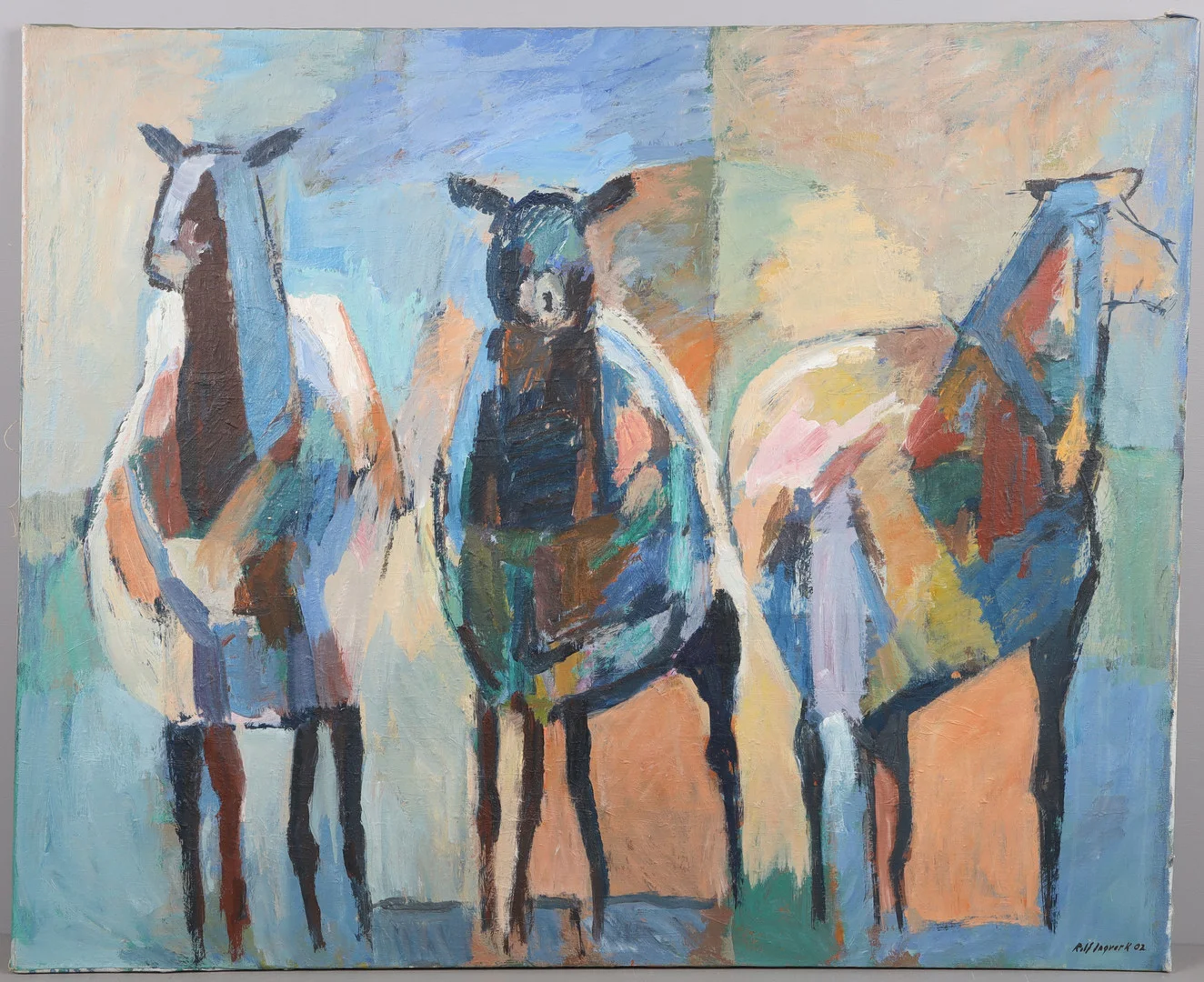 ROLF INGVAR KARLSSON (FÖDD 1938). olja på duk, komposition med får, signerad R Ingvar Karlsson samt daterad 02. — Paintings — Stockholms Auktionsverk Helsingborg