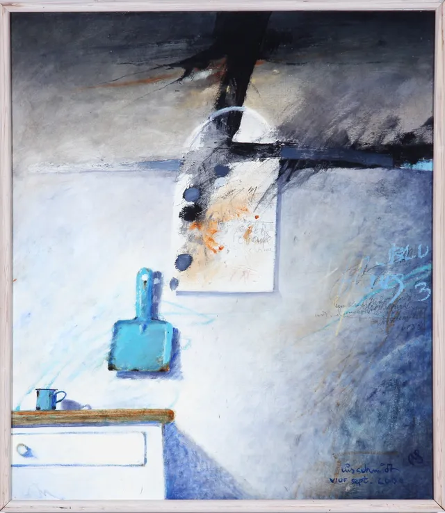 Nis Schmidt. 'Blues - III'. Alkyd, oil and paintstick on canvas. 101 x 87 cm.