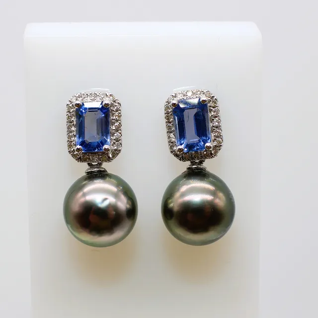 PEARL, SAPPHIRE & DIAMOND DROP EARRINGS.