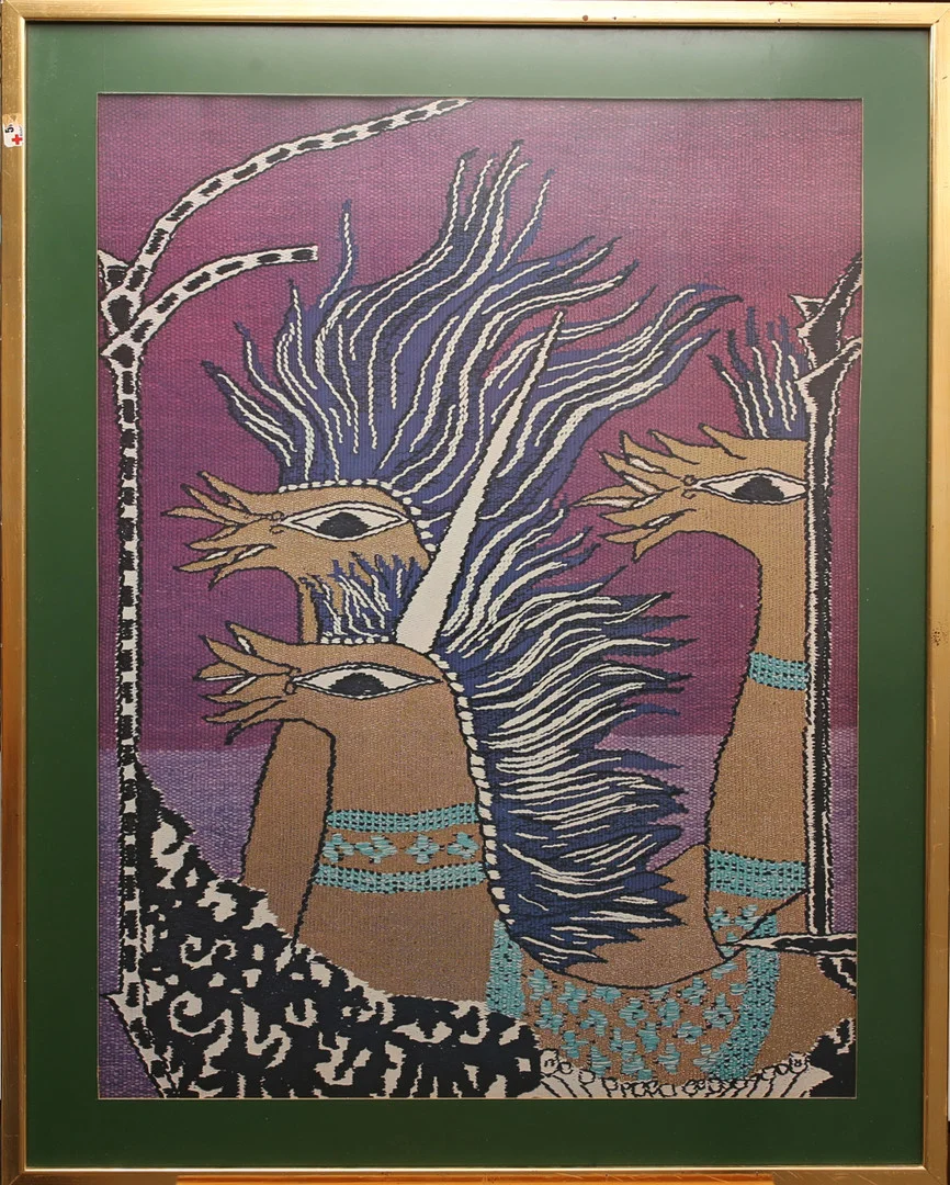 MAX WALTER SVANBERG. offsettryck med guldprägling, Detalj ur gobeläng "Hjulspår". — Engravings & Prints — Limhamns Auktionsbyrå