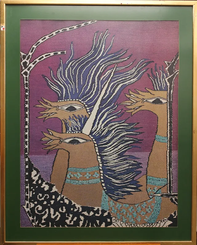 MAX WALTER SVANBERG. offsettryck med guldprägling, Detalj ur gobeläng "Hjulspår".