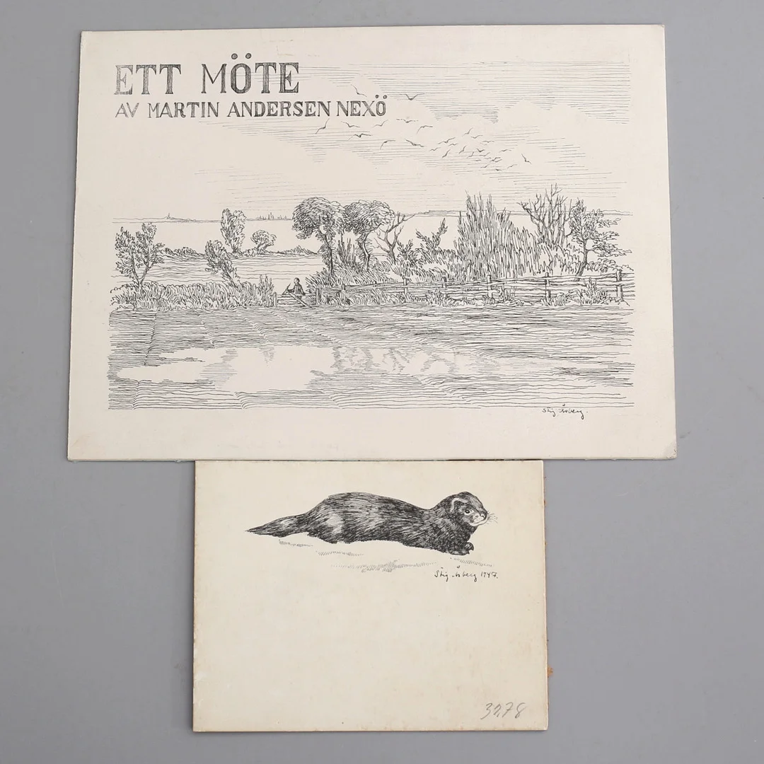 STIG ÅSBERG. Teckningar, 2 st, tusch, förlagor till bokillustrationer, den ena till Martin Andersen Nexö, signerade, den ena daterad 1947. — Drawings — Auktionshuset Thelin & Johansson