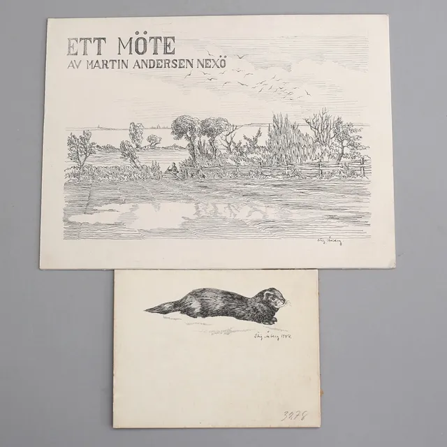 STIG ÅSBERG. Teckningar, 2 st, tusch, förlagor till bokillustrationer, den ena till Martin Andersen Nexö, signerade, den ena daterad 1947.