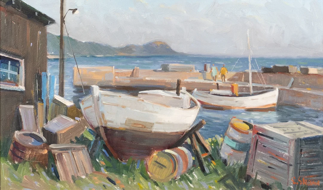 ESKIL SKANS. olja på pannå, hamnmotiv, signerad. — Paintings — Karljohan Auktioner