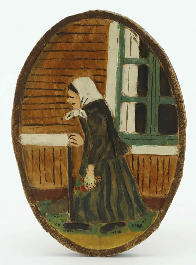 IDA MALM. TRÄRELIEF, Gumma, signerad atergo, Bergsjö, Hälsingland, 1900-talets mitt.
