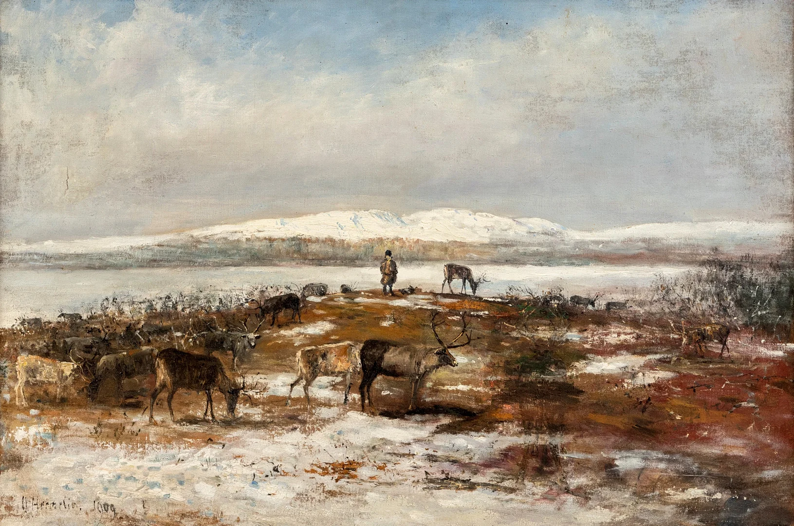 OLOF HERMELIN (1827-1913). Rentiere in winterlicher Fjordlandschaft. — Paintings — Stockholms Auktionsverk Hamburg
