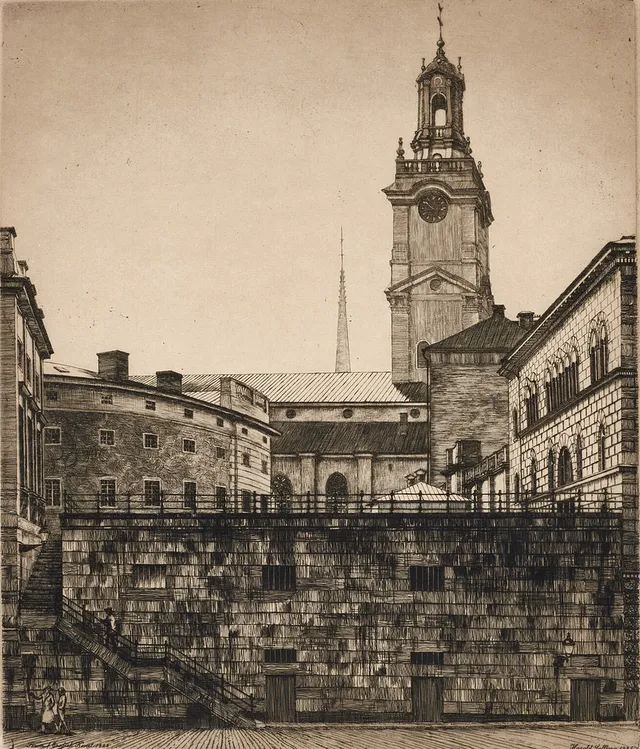 HARALD SALLBERG (1895–1963). Vy mot Stockholms Slott och Storkyrkan, signerad i plåten, etsning.