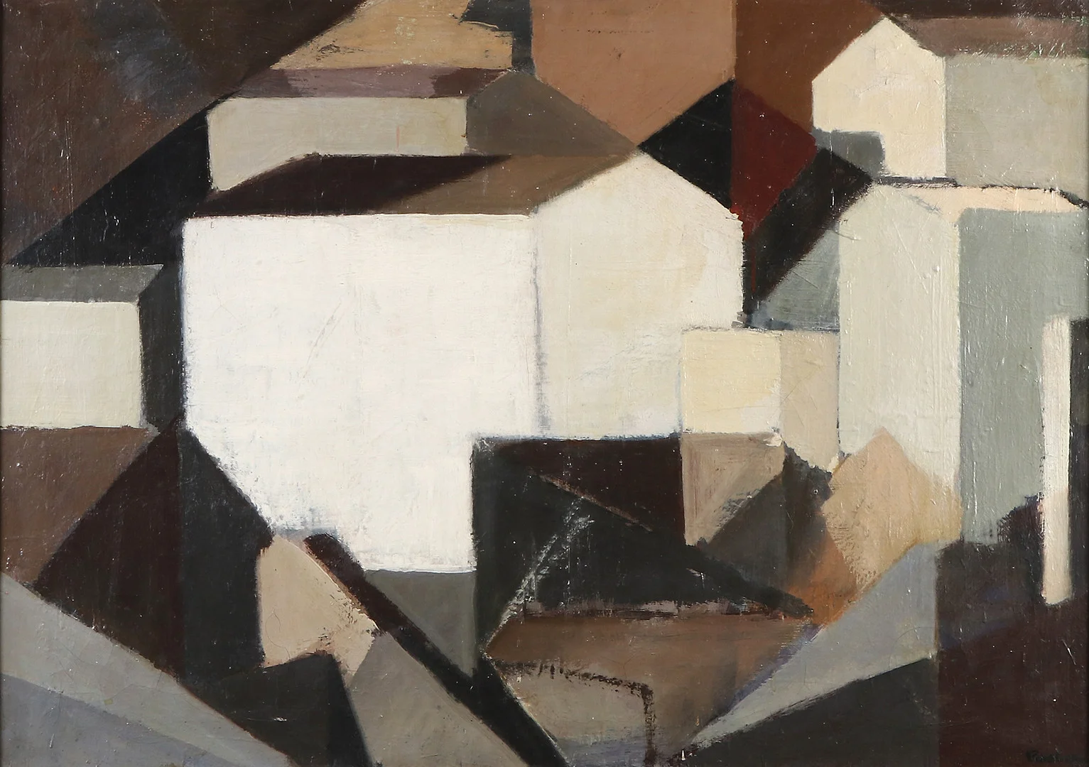 SIXTEN LUNDBOHM. Oljemålning på duk. Kubistisk komposition, "Stadsbild, Banyuls". Signerad. — Paintings — Skånes Auktionsverk