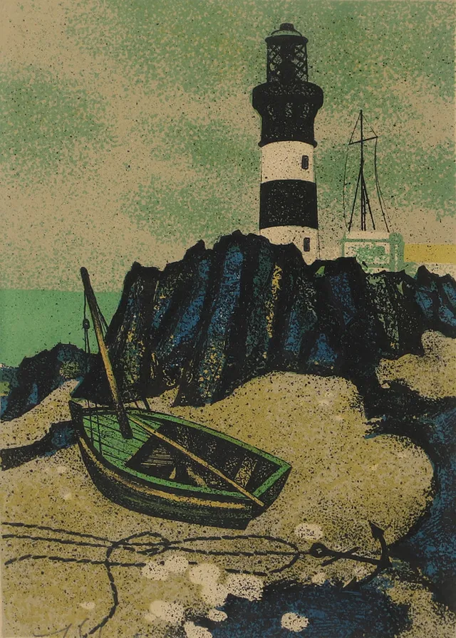 YVES GANNE. Fyr, färglitografi, signerad.