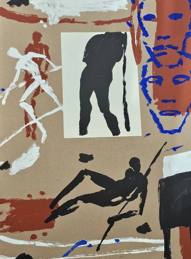 MIMMO PALADINO. Sin título, base litográfica y collage sobre cartulina.
