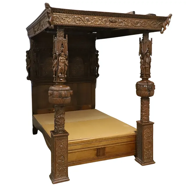 A JACOBEAN STYLE OAK AND MARQUETRY FOUR POSTER TESTER BED.