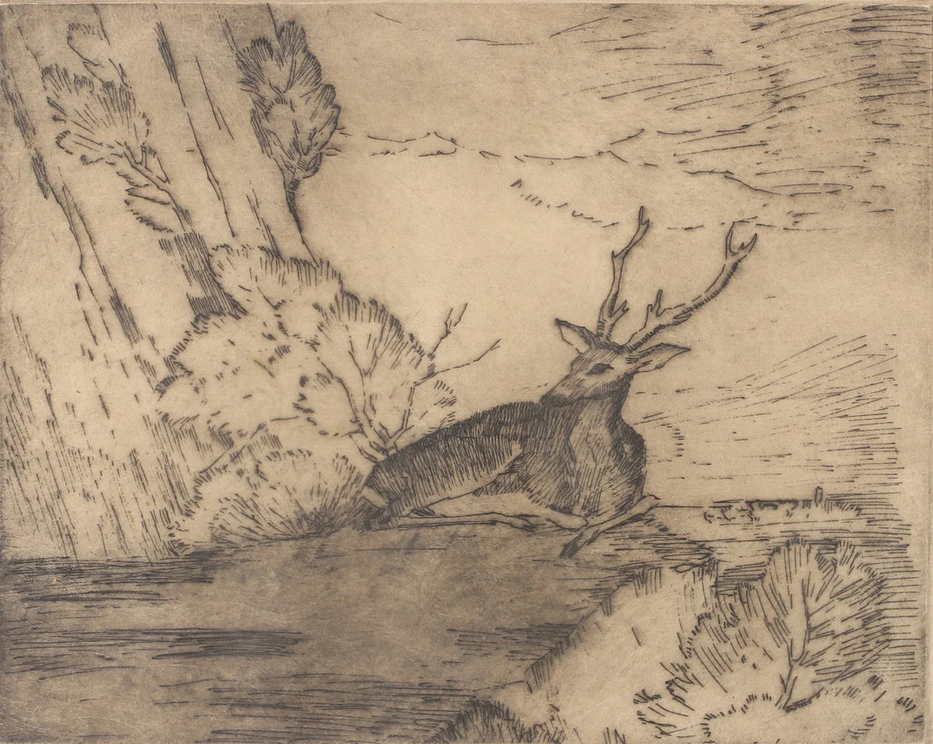 ERNST NORLIND. Liggande hjort, litografi, signerad. — Engravings & Prints — Helsingborgs Auktionskammare
