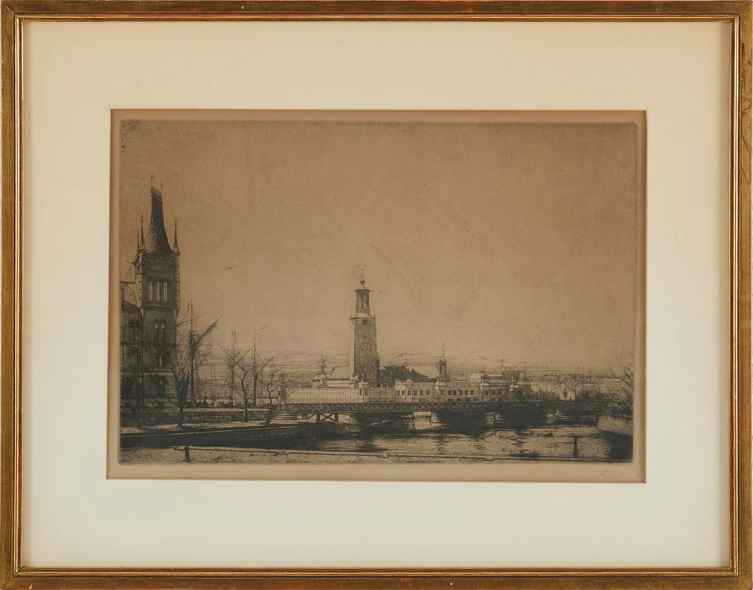 AXEL FRIDELL. Stadshuset och Strömbadet, Stockholm, torrnål, signerad AF och daterad 1925 i plåten, signerad AFridell. — Engravings & Prints — Stockholms Auktionsverk Magasin 5