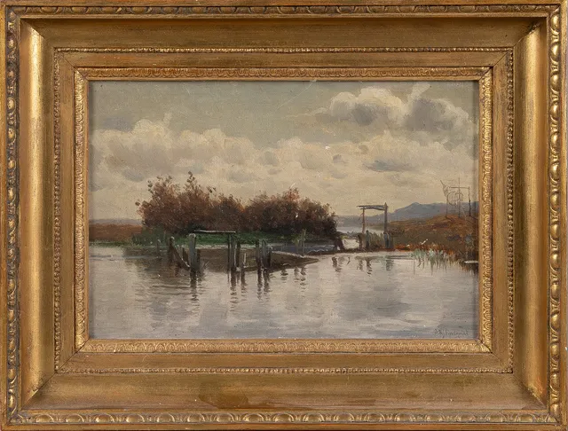 AXEL HJALMAR LINDQVIST (1843-1917). Insjövik, olja på papp.