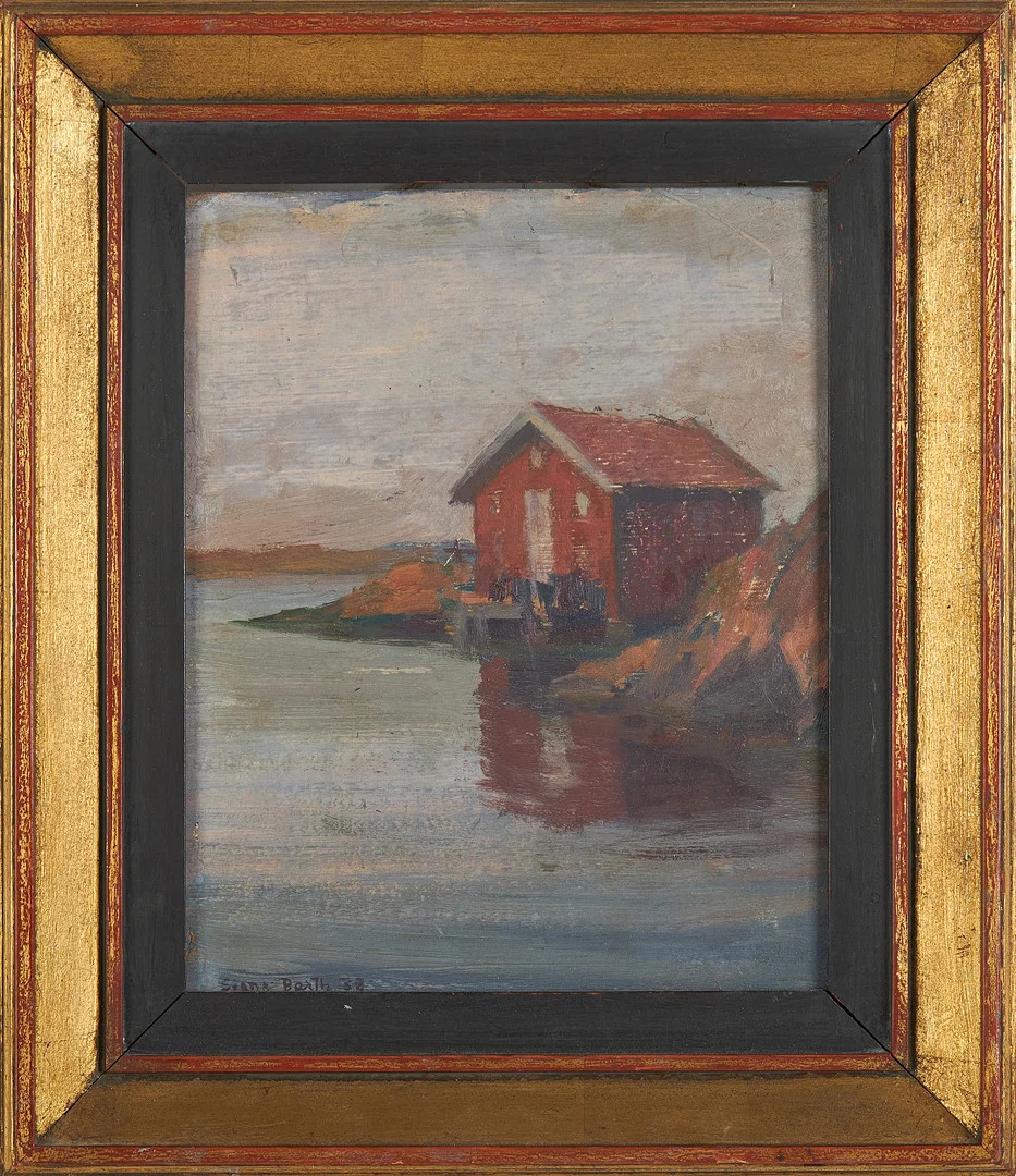 SIGNE BARTH (UDDEVALLA, 1895-1982). Motiv med båthus, signerad samt daterad 38, olja på pannå. — Paintings — Stockholms Auktionsverk Sickla