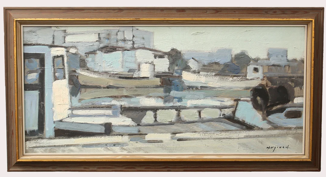 BENGT HILLGRUND. Olja på duk, hamnmotiv, signerad. — Paintings — Limhamns Auktionsbyrå