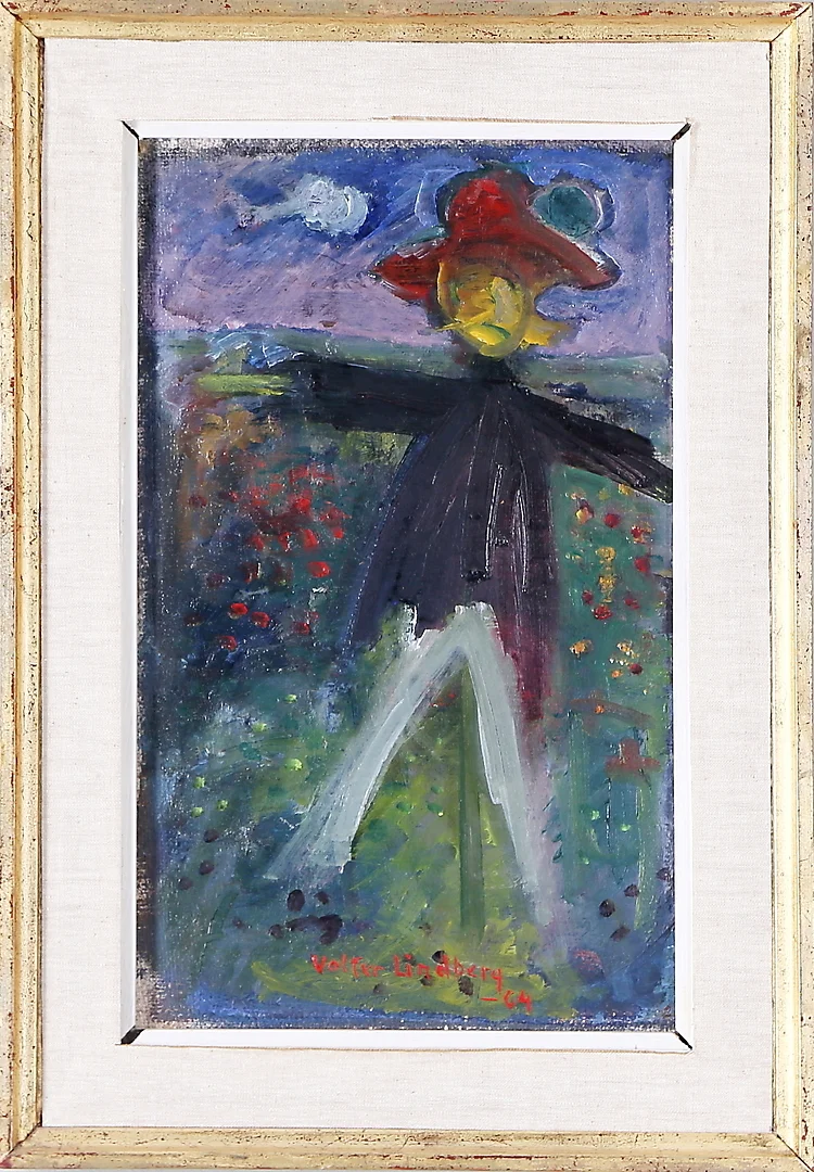 VALTER LINDBERG. Fågelskrämma, olja på pannå, signerad och daterad 1964. — Paintings — Kalmar Auktionsverk