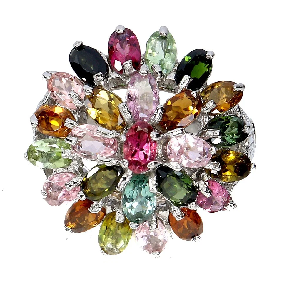 Ring in rhodium-plated Sterling silver adorned with numerous multi-colored tourmalines — Jewellery/Rings — Lauritz