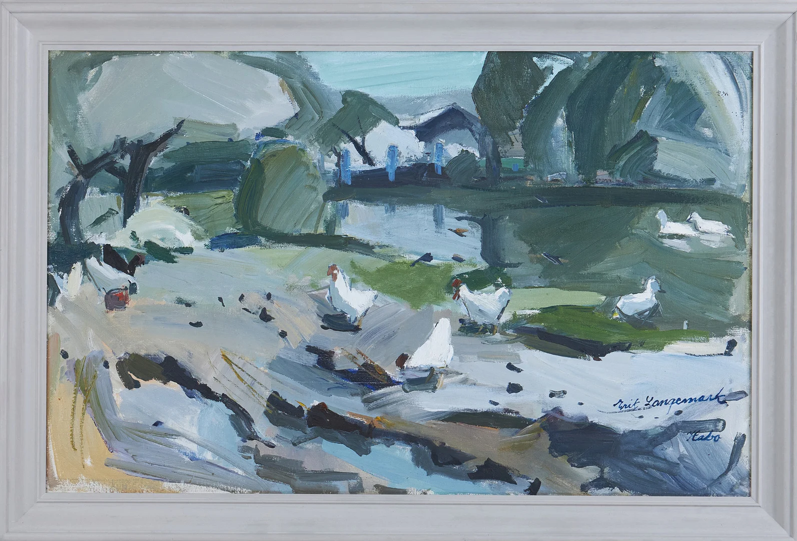 ERIK LANGEMARK (1915-1997). Utsikt från ladugården, olja duk, signerad. — Paintings — Stockholms Auktionsverk Magasin 5
