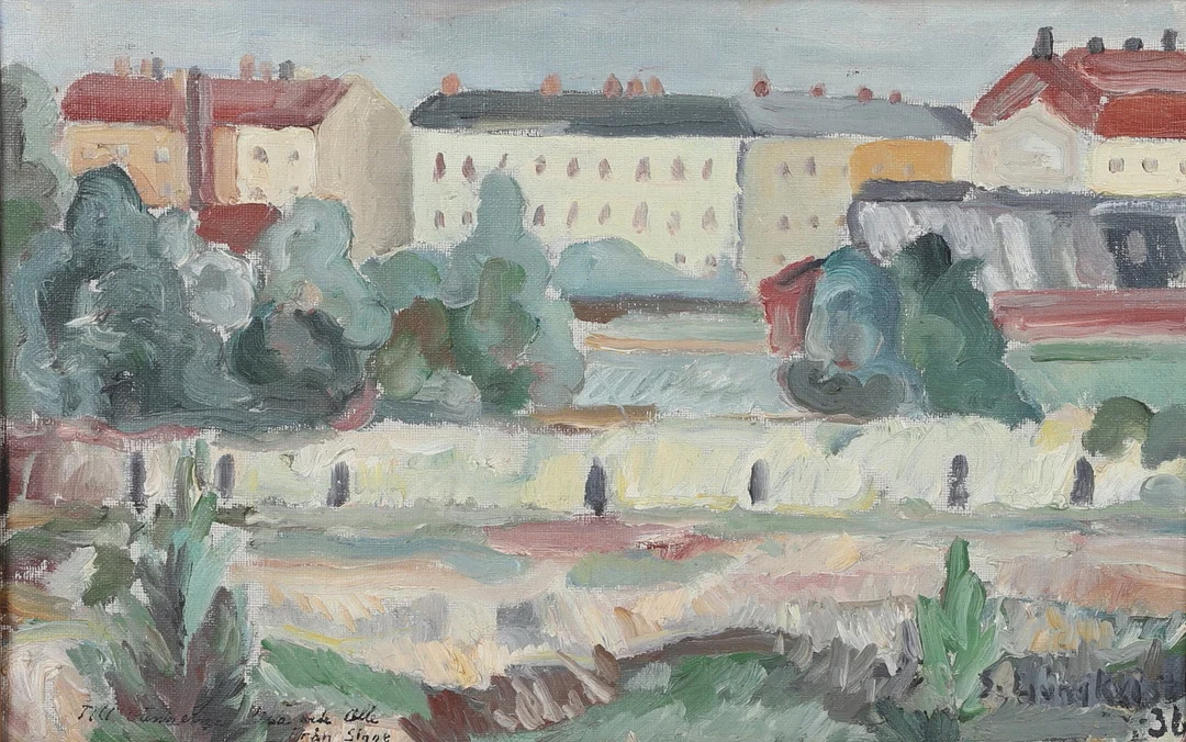 SIGGE LJUNGKVIST. Olja på pannå, stadsmotiv, signerad och daterad 36. — Paintings — Ekenbergs Auktioner